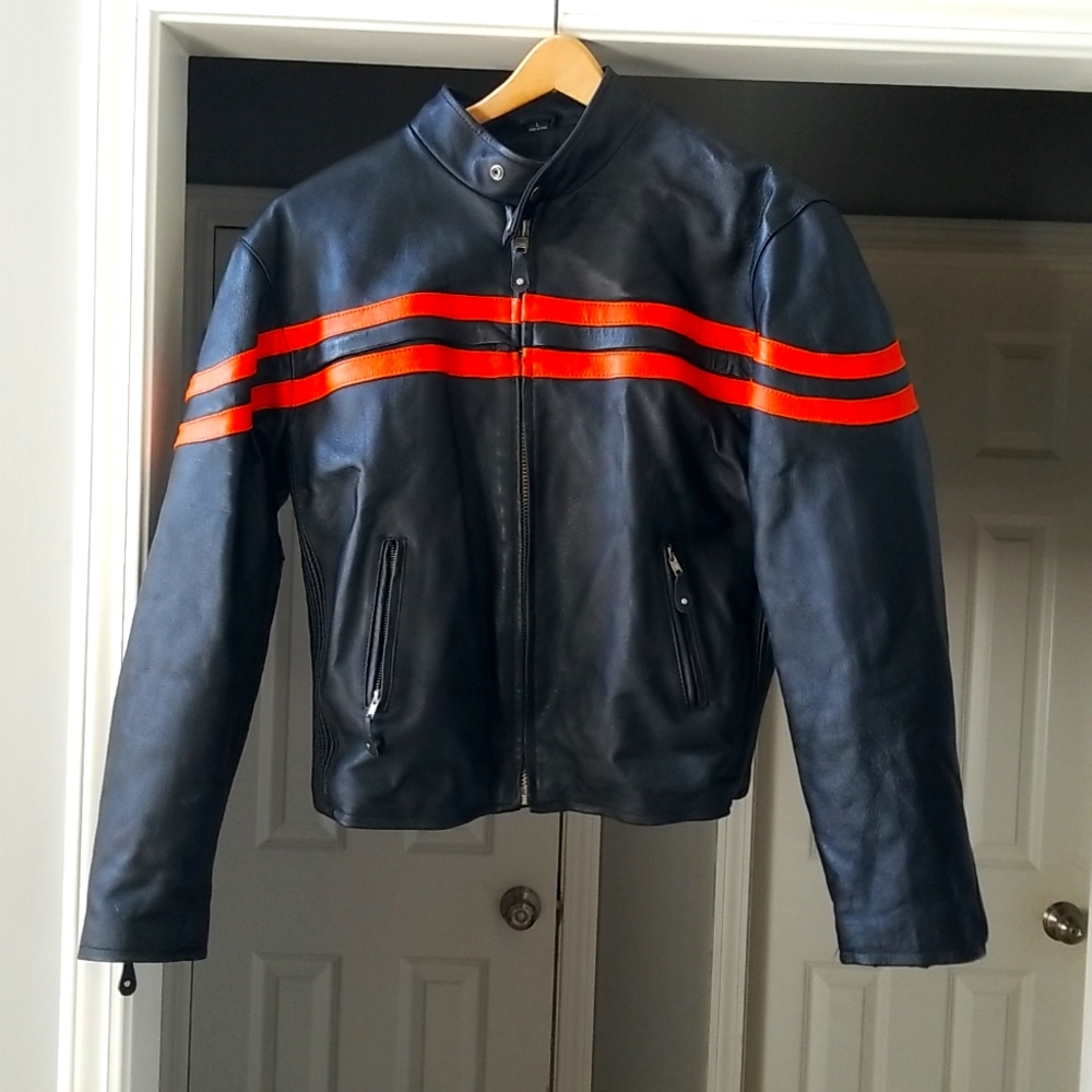 Mens leather motorcycle jacket size Large black w/ Orange Harley Davidson colors